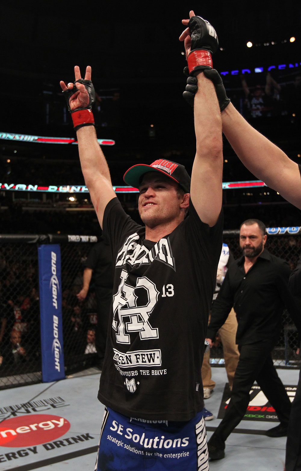 CHICAGO, IL - JANUARY 28:  Evan Dunham reacts after his TKO victory over Nik Lentz during the UFC on FOX event at United Center on January 28, 2012 in Chicago, Illinois.  (Photo by Nick Laham/Zuffa LLC/Zuffa LLC via Getty Images) *** Local Caption *** Evan Dunham