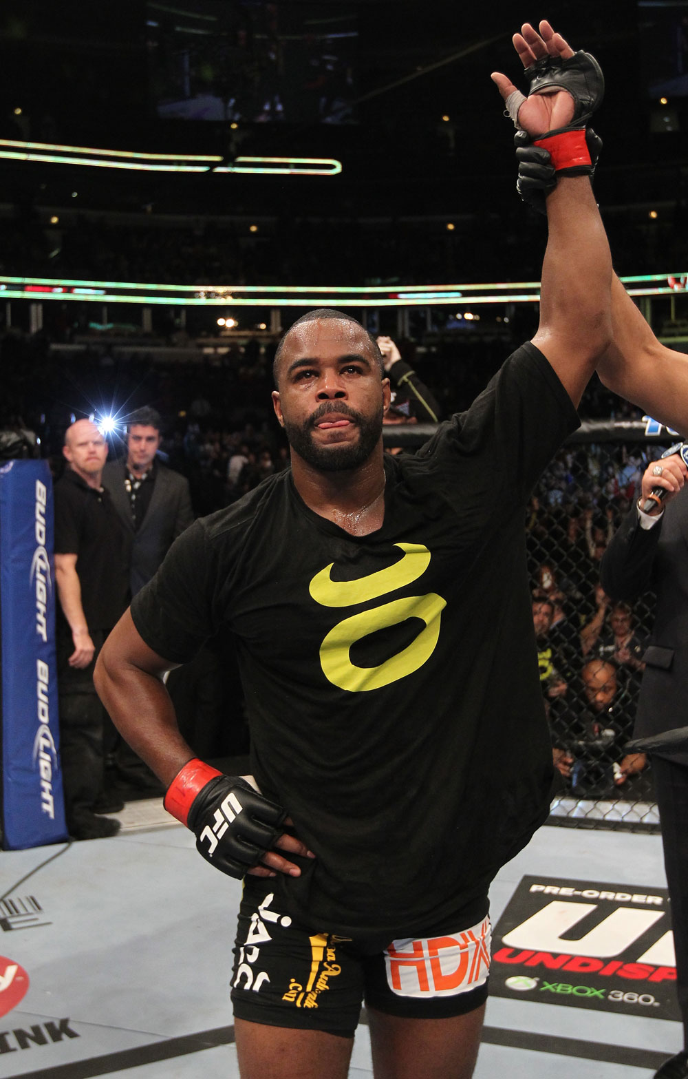 CHICAGO, IL - JANUARY 28:  Rashad Evans reacts after his victory over Phil Davis during the UFC on FOX event at United Center on January 28, 2012 in Chicago, Illinois.  (Photo by Nick Laham/Zuffa LLC/Zuffa LLC via Getty Images) *** Local Caption *** Rashad Evans