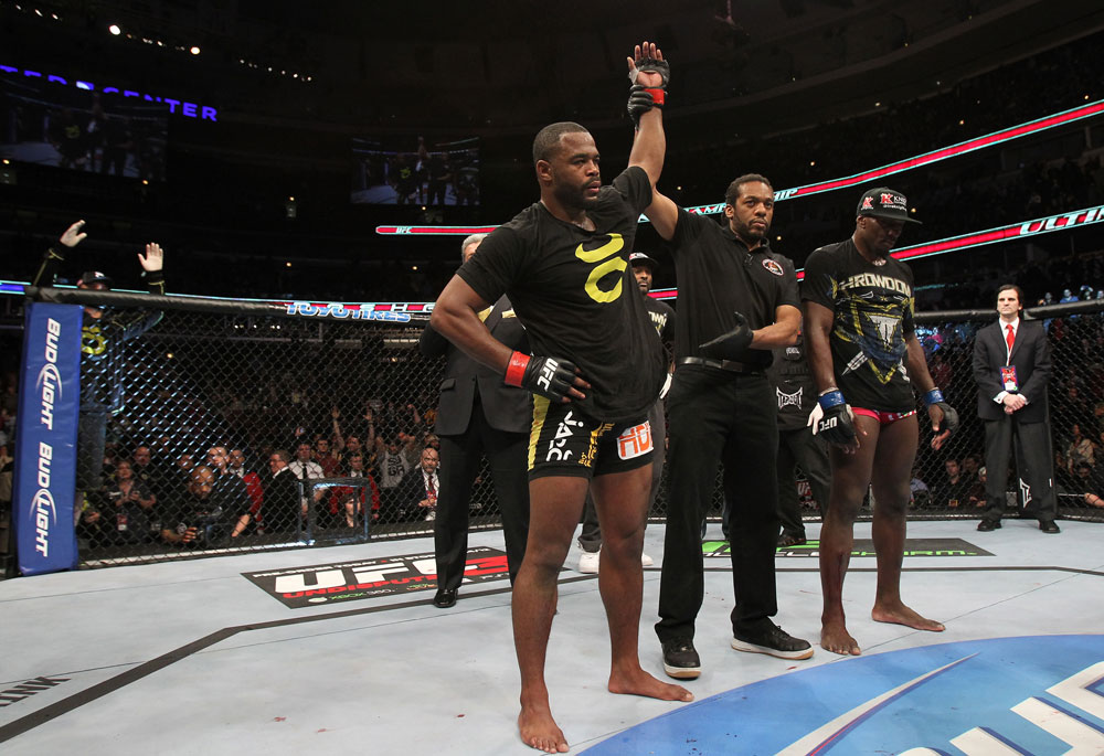 CHICAGO, IL - JANUARY 28:  Rashad Evans reacts after his victory over Phil Davis during the UFC on FOX event at United Center on January 28, 2012 in Chicago, Illinois.  (Photo by Josh Hedges/Zuffa LLC/Zuffa LLC via Getty Images) *** Local Caption *** Rashad Evans
