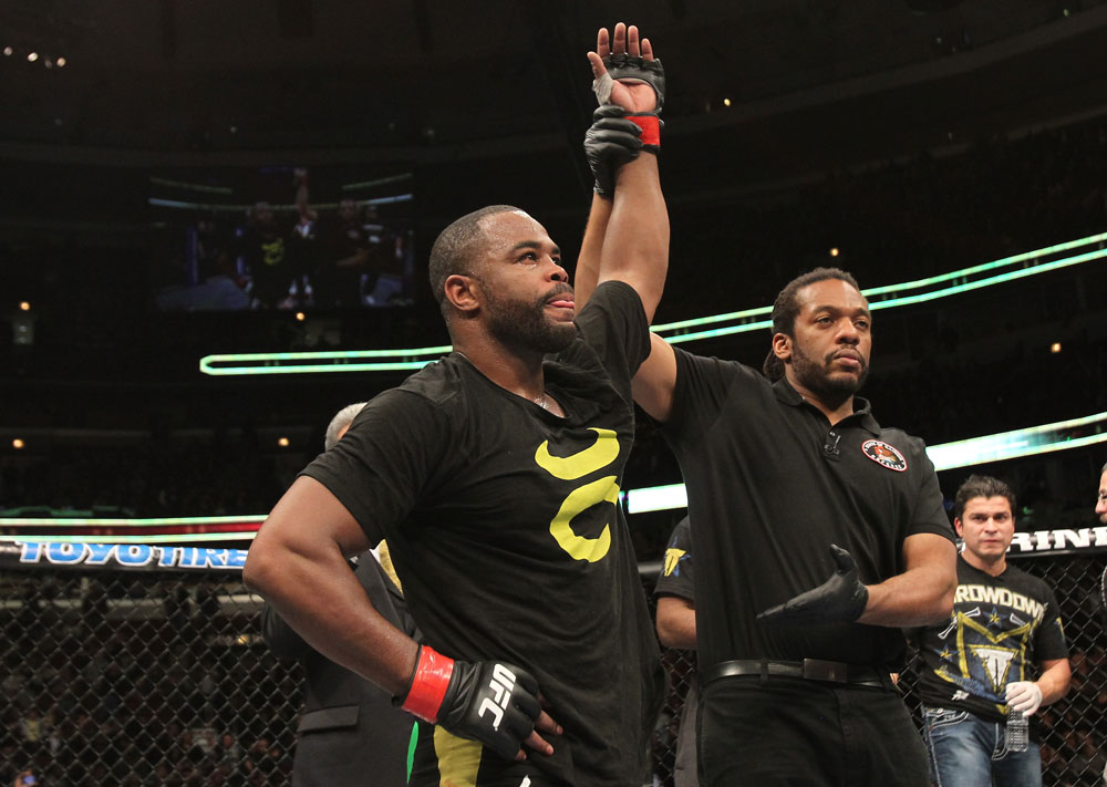 CHICAGO, IL - JANUARY 28:  Rashad Evans reacts after his victory over Phil Davis during the UFC on FOX event at United Center on January 28, 2012 in Chicago, Illinois.  (Photo by Josh Hedges/Zuffa LLC/Zuffa LLC via Getty Images) *** Local Caption *** Rashad Evans
