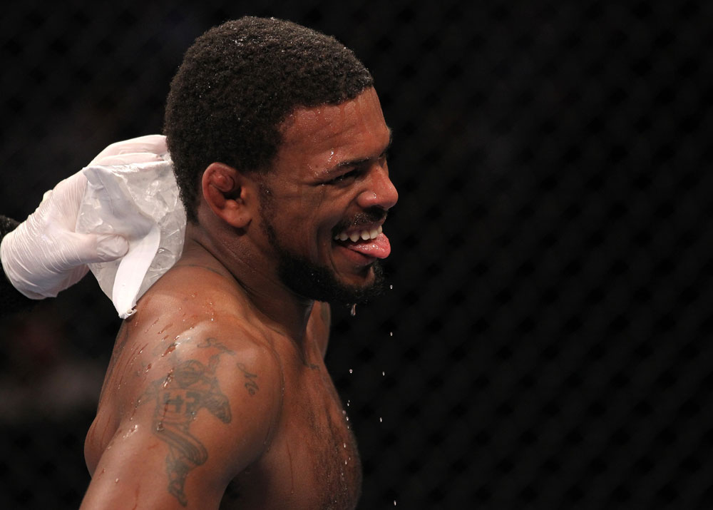CHICAGO, IL - JANUARY 28:  Michael Johnson reacts after his victory over Shane Roller during the UFC on FOX event at United Center on January 28, 2012 in Chicago, Illinois.  (Photo by Nick Laham/Zuffa LLC/Zuffa LLC via Getty Images) *** Local Caption *** Michael Johnson