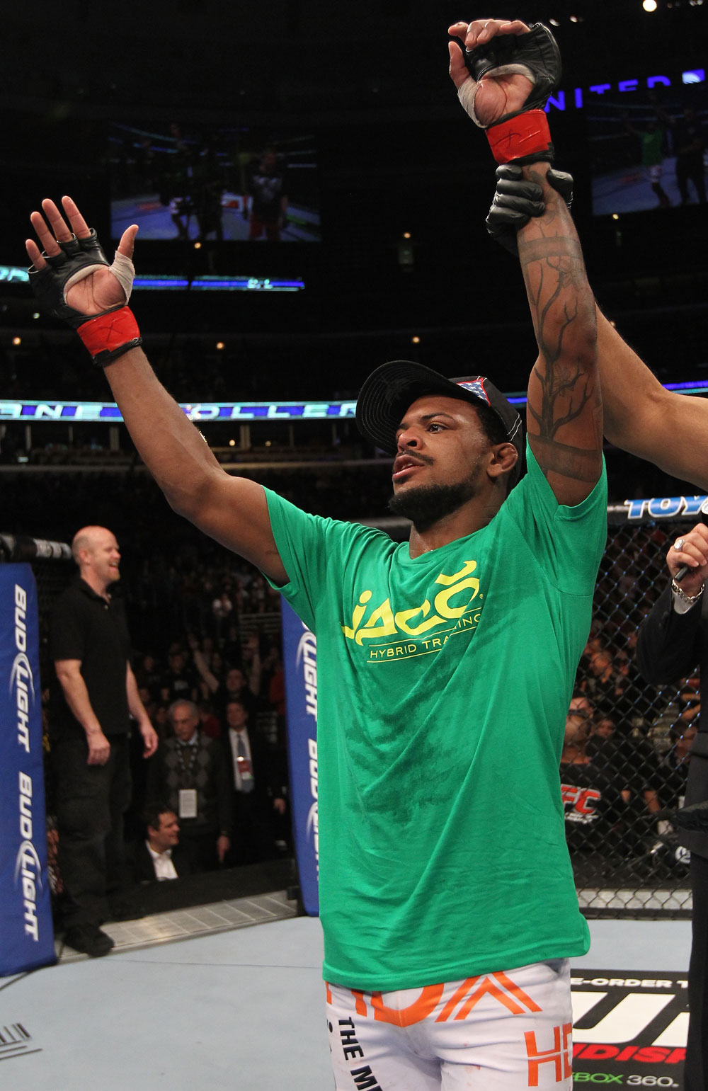 CHICAGO, IL - JANUARY 28:  Michael Johnson reacts after his victory over Shane Roller during the UFC on FOX event at United Center on January 28, 2012 in Chicago, Illinois.  (Photo by Nick Laham/Zuffa LLC/Zuffa LLC via Getty Images) *** Local Caption *** Michael Johnson