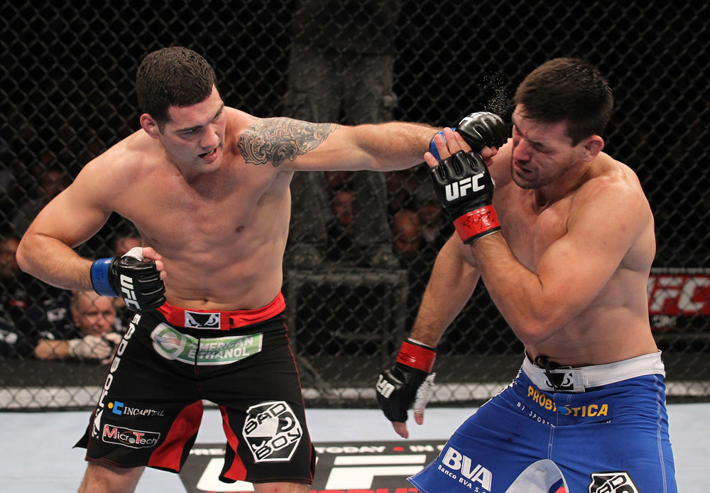 CHICAGO, IL - JANUARY 28:  (L-R) Chris Weidman punches Demian Maia during the UFC on FOX event at United Center on January 28, 2012 in Chicago, Illinois.  (Photo by Nick Laham/Zuffa LLC/Zuffa LLC via Getty Images) *** Local Caption *** Chris Weidman; Demian Maia