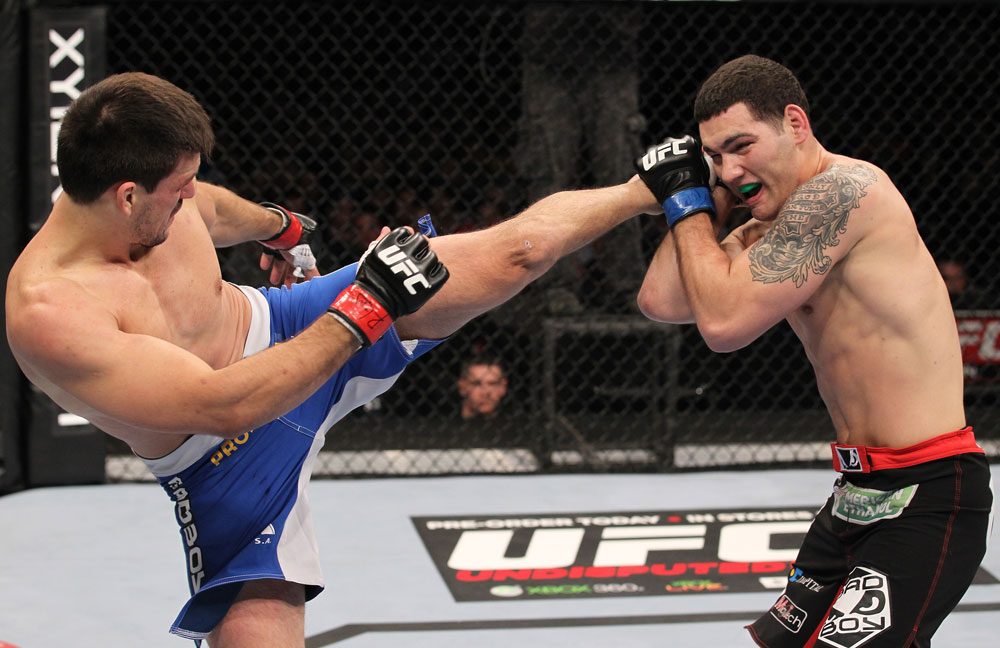 CHICAGO, IL - JANUARY 28:  (L-R) Demian Maia kicks Chris Weidman during the UFC on FOX event at United Center on January 28, 2012 in Chicago, Illinois.  (Photo by Nick Laham/Zuffa LLC/Zuffa LLC via Getty Images) *** Local Caption *** Chris Weidman; Demian Maia
