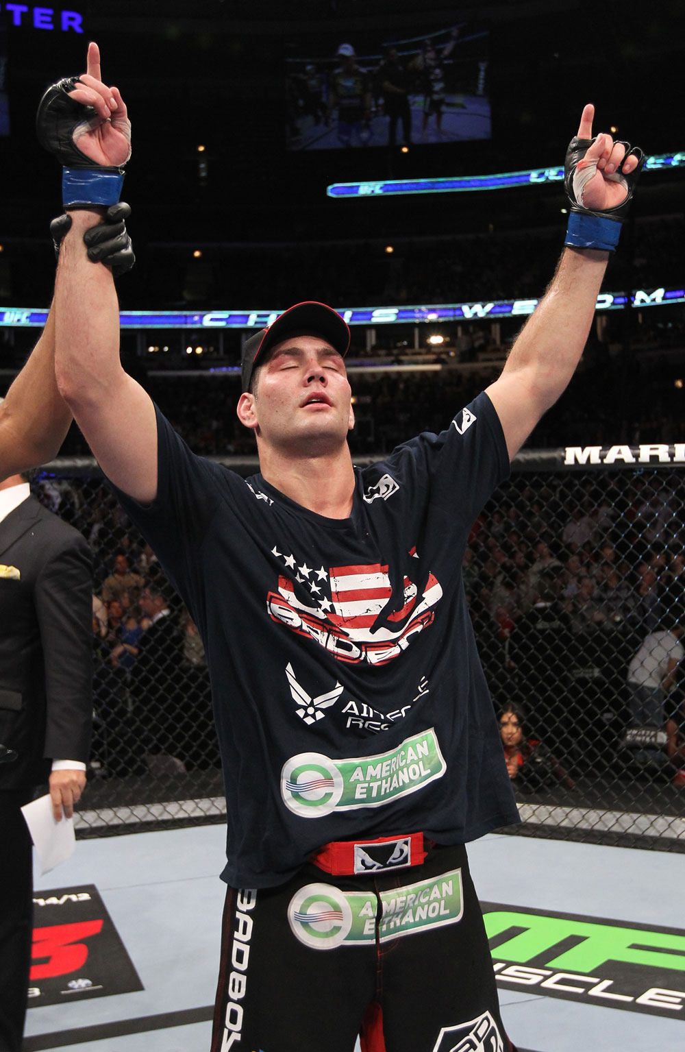 CHICAGO, IL - JANUARY 28:  Chris Weidman reacts after defeating Demian Maia during the UFC on FOX event at United Center on January 28, 2012 in Chicago, Illinois.  (Photo by Nick Laham/Zuffa LLC/Zuffa LLC via Getty Images) *** Local Caption *** Chris Weidman