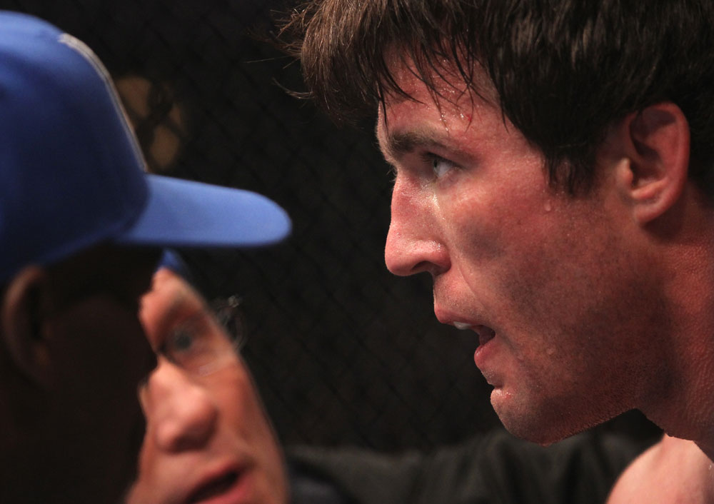 CHICAGO, IL - JANUARY 28:  Chael Sonnen sits in his corner between rounds during his bout against Michael Bisping during the UFC on FOX event at United Center on January 28, 2012 in Chicago, Illinois.  (Photo by Nick Laham/Zuffa LLC/Zuffa LLC via Getty Images) *** Local Caption *** Chael Sonnen