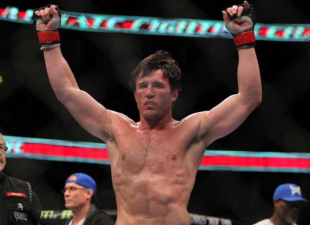 CHICAGO, IL - JANUARY 28:  Chael Sonnen reacts after defeating Michael Bisping during the UFC on FOX event at United Center on January 28, 2012 in Chicago, Illinois.  (Photo by Josh Hedges/Zuffa LLC/Zuffa LLC via Getty Images) *** Local Caption *** Chael Sonnen