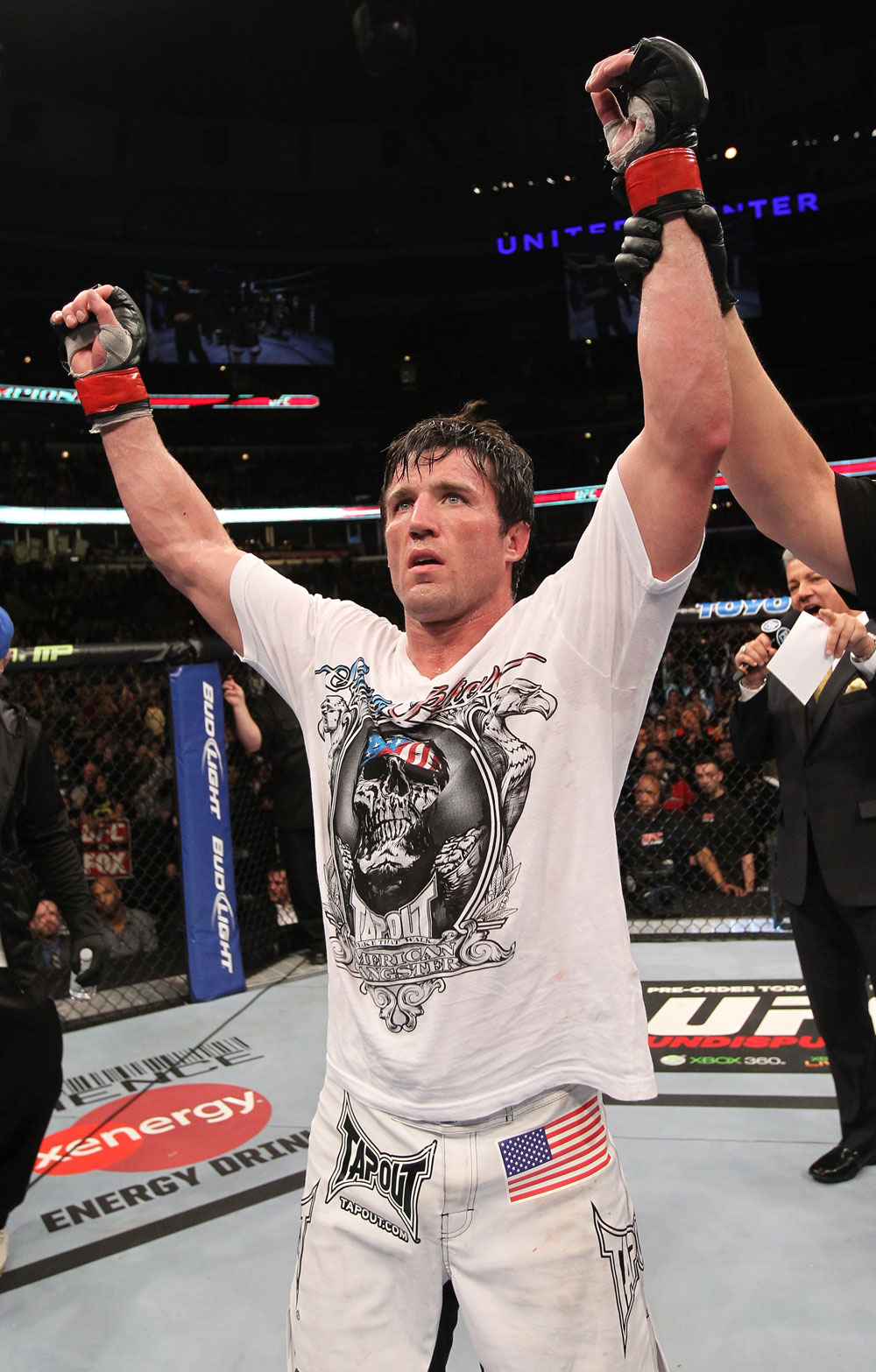 CHICAGO, IL - JANUARY 28:  Chael Sonnen reacts after defeating Michael Bisping during the UFC on FOX event at United Center on January 28, 2012 in Chicago, Illinois.  (Photo by Nick Laham/Zuffa LLC/Zuffa LLC via Getty Images) *** Local Caption *** Chael Sonnen