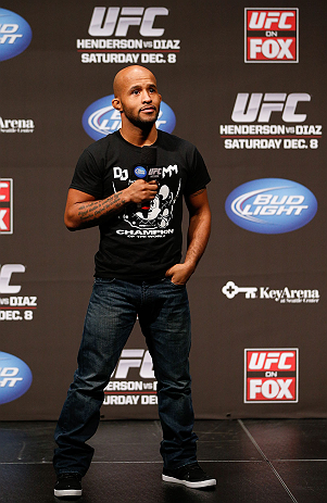 SEATTLE, WA - DECEMBER 07:  Demetrious Johnson interacts with fans during a Q&A session before the official UFC on FOX weigh in on December 7, 2012 at Key Arena in Seattle, Washington.  (Photo by Josh Hedges/Zuffa LLC/Zuffa LLC via Getty Images)