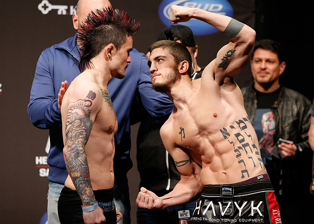 SEATTLE, WA - DECEMBER 07:  (L-R) Opponents Scott Jorgensen and John Albert face off during the official UFC on FOX weigh in on December 7, 2012 at Key Arena in Seattle, Washington.  (Photo by Josh Hedges/Zuffa LLC/Zuffa LLC via Getty Images)