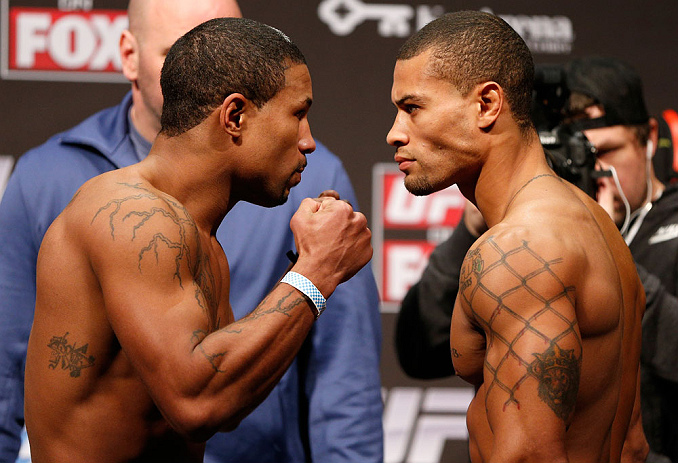 SEATTLE, WA - DECEMBER 07:  (L-R) Opponents Marcus LeVesseur and Abel Trujillo face off during the official UFC on FOX weigh in on December 7, 2012 at Key Arena in Seattle, Washington.  (Photo by Josh Hedges/Zuffa LLC/Zuffa LLC via Getty Images)