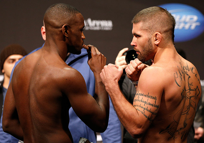 SEATTLE, WA - DECEMBER 07:  (L-R) Opponents Yves Edwards and Jeremy Stephens face off during the official UFC on FOX weigh in on December 7, 2012 at Key Arena in Seattle, Washington.  (Photo by Josh Hedges/Zuffa LLC/Zuffa LLC via Getty Images)
