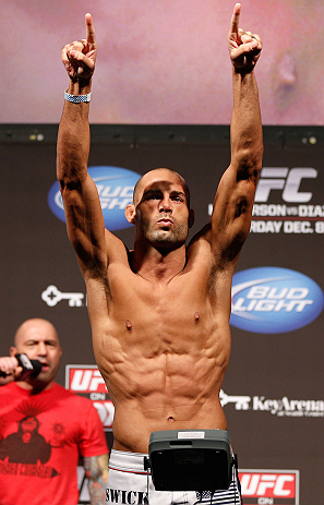 SEATTLE, WA - DECEMBER 07:  Mike Swick weighs in during the official UFC on FOX weigh in on December 7, 2012 at Key Arena in Seattle, Washington.  (Photo by Josh Hedges/Zuffa LLC/Zuffa LLC via Getty Images)