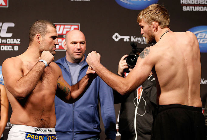 SEATTLE, WA - DECEMBER 07:  (L-R) Opponents Mauricio "Shogun" Rua and Alexander Gustafsson face off during the official UFC on FOX weigh in on December 7, 2012 at Key Arena in Seattle, Washington.  (Photo by Josh Hedges/Zuffa LLC/Zuffa LLC via Getty Images)