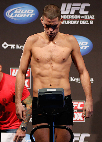 SEATTLE, WA - DECEMBER 07:  Nate Diaz weighs in during the official UFC on FOX weigh in on December 7, 2012 at Key Arena in Seattle, Washington.  (Photo by Josh Hedges/Zuffa LLC/Zuffa LLC via Getty Images)
