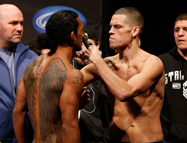 SEATTLE, WA - DECEMBER 07:  (L-R) Opponents Benson Henderson and Nate Diaz face off during the official UFC on FOX weigh in on December 7, 2012 at Key Arena in Seattle, Washington.  (Photo by Josh Hedges/Zuffa LLC/Zuffa LLC via Getty Images)