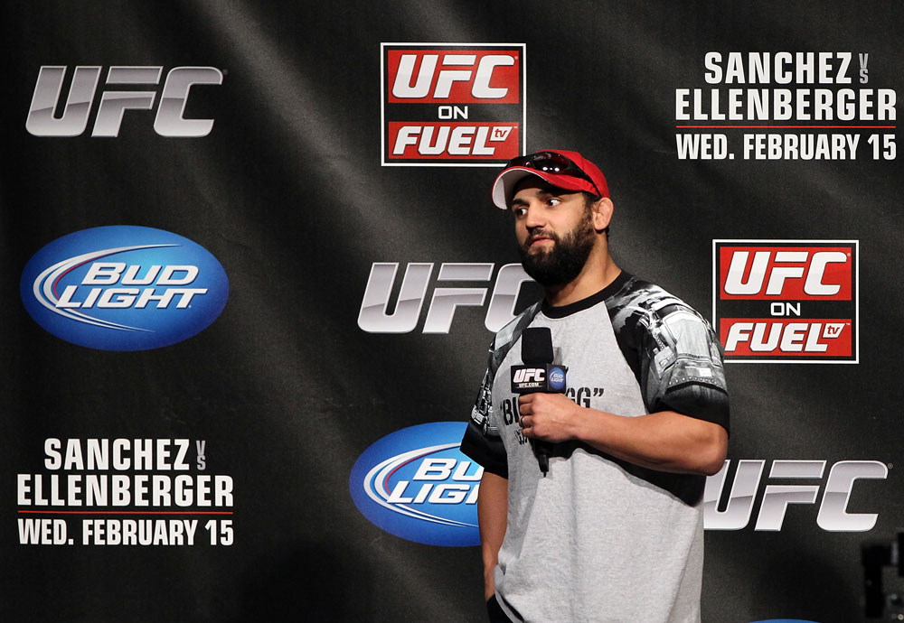 OMAHA, NE - FEBRUARY 14: UFC fighter Johny Hendricks interacts with fans during a Q&A session before the UFC on FUEL TV weigh in event at Omaha Civic Auditorium on February 14, 2012 in Omaha, Nebraska. (Photo by Josh Hedges/Zuffa LLC/Zuffa LLC via Getty Images) *** Local Caption *** Johny Hendricks