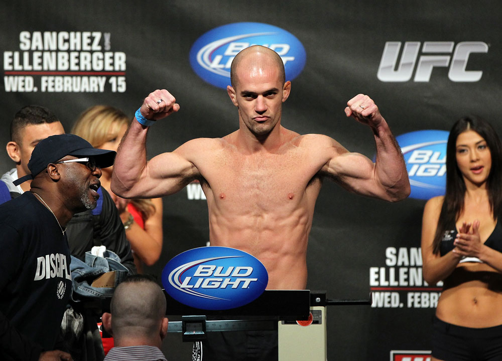 OMAHA, NE - FEBRUARY 14:  Bernardo Magalhaes weighs in during the UFC on FUEL TV weigh in event at Omaha Civic Auditorium on February 14, 2012 in Omaha, Nebraska.  (Photo by Josh Hedges/Zuffa LLC/Zuffa LLC via Getty Images) *** Local Caption *** Bernardo Magalhaes