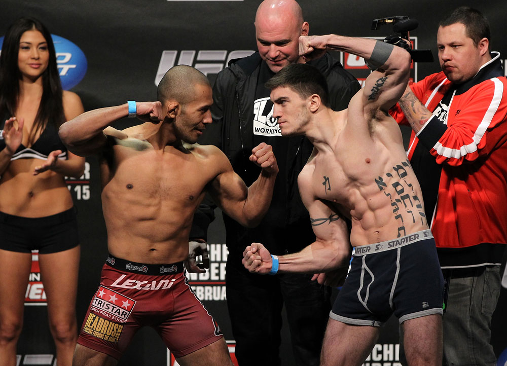 OMAHA, NE - FEBRUARY 14:  (L-R) Bantamweight opponents Ivan Menjivar and John Albert face off after weighing in during the UFC on FUEL TV weigh in event at Omaha Civic Auditorium on February 14, 2012 in Omaha, Nebraska.  (Photo by Josh Hedges/Zuffa LLC/Zuffa LLC via Getty Images) *** Local Caption *** Ivan Menjivar; John Albert; Dana White