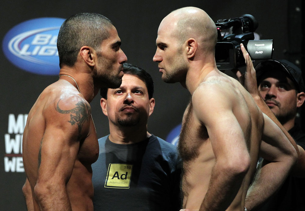 SAN JOSE, CA - JULY 10:   (L-R) Opponents Marcelo Guimaraes and Dan Stittgen face off during the UFC on Fuel TV weigh in at HP Pavilion on July 10, 2012 in San Jose, California.  (Photo by Josh Hedges/Zuffa LLC/Zuffa LLC via Getty Images)