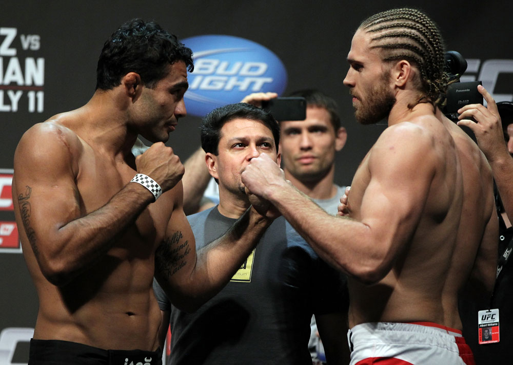 SAN JOSE, CA - JULY 10:   (L-R) Opponents Rafael Natal and Andrew Craig face off during the UFC on Fuel TV weigh in at HP Pavilion on July 10, 2012 in San Jose, California.  (Photo by Josh Hedges/Zuffa LLC/Zuffa LLC via Getty Images)