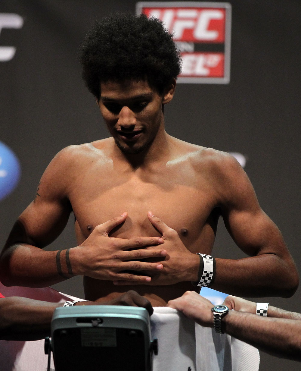 SAN JOSE, CA - JULY 10:   Alex Caceres makes weight during the UFC on Fuel TV weigh in at HP Pavilion on July 10, 2012 in San Jose, California.  (Photo by Josh Hedges/Zuffa LLC/Zuffa LLC via Getty Images)