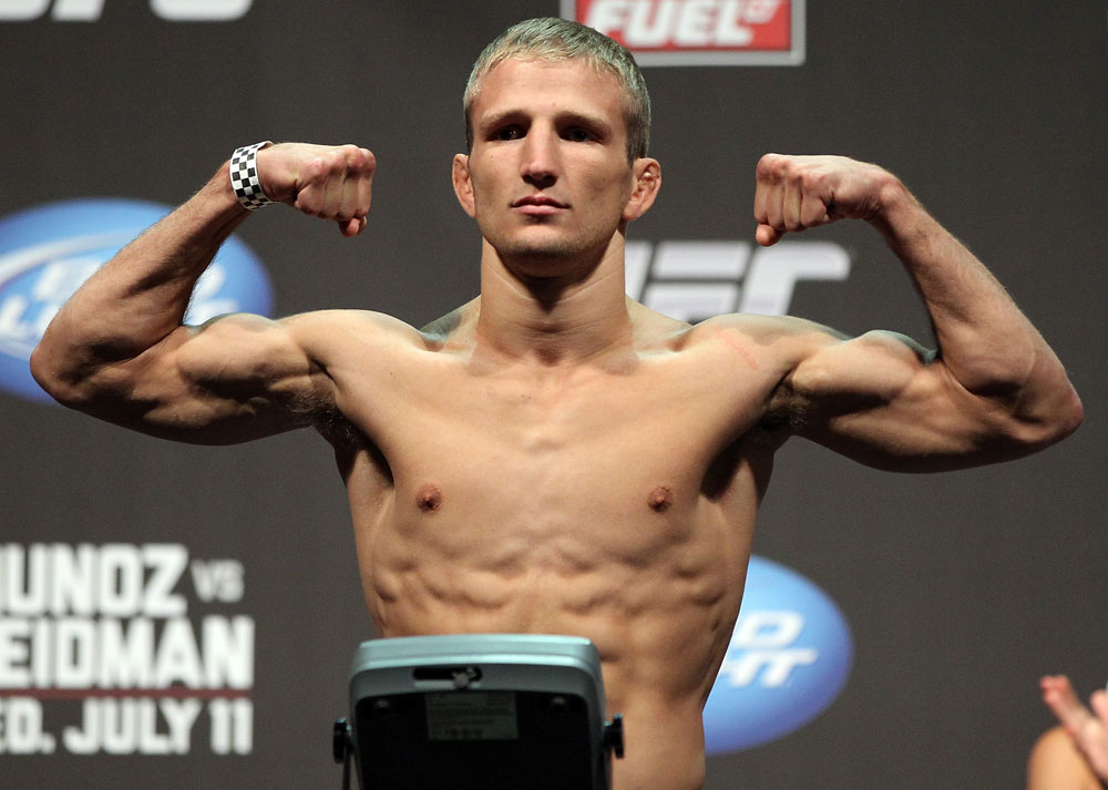 SAN JOSE, CA - JULY 10:   T.J. Dillashaw makes weight during the UFC on Fuel TV weigh in at HP Pavilion on July 10, 2012 in San Jose, California.  (Photo by Josh Hedges/Zuffa LLC/Zuffa LLC via Getty Images)