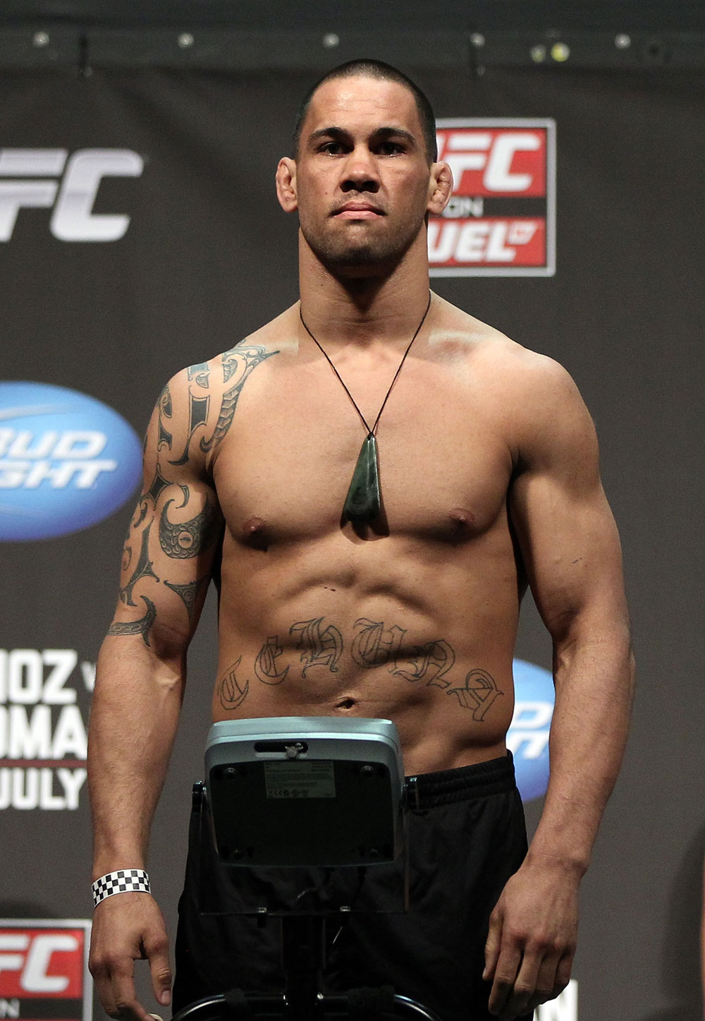 SAN JOSE, CA - JULY 10:   James Te Huna makes weight during the UFC on Fuel TV weigh in at HP Pavilion on July 10, 2012 in San Jose, California.  (Photo by Josh Hedges/Zuffa LLC/Zuffa LLC via Getty Images)