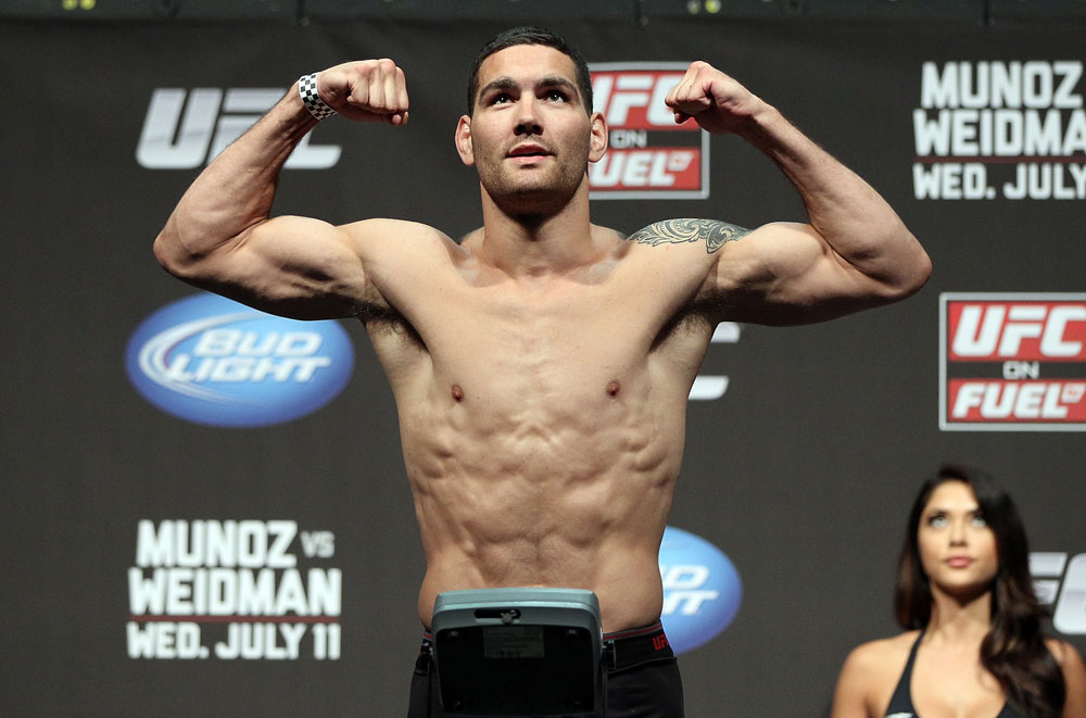 SAN JOSE, CA - JULY 10:   Chris Weidman makes weight during the UFC on Fuel TV weigh in at HP Pavilion on July 10, 2012 in San Jose, California.  (Photo by Josh Hedges/Zuffa LLC/Zuffa LLC via Getty Images)