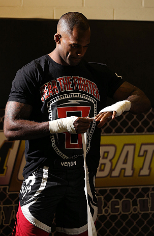 NOTTINGHAM, ENGLAND - SEPTEMBER 26:    Jimi Manuwa works out for the media during an open workout session at Gym Combat on September 26, 2012 in Nottingham, England.  (Photo by Josh Hedges/Zuffa LLC/Zuffa LLC via Getty Images)