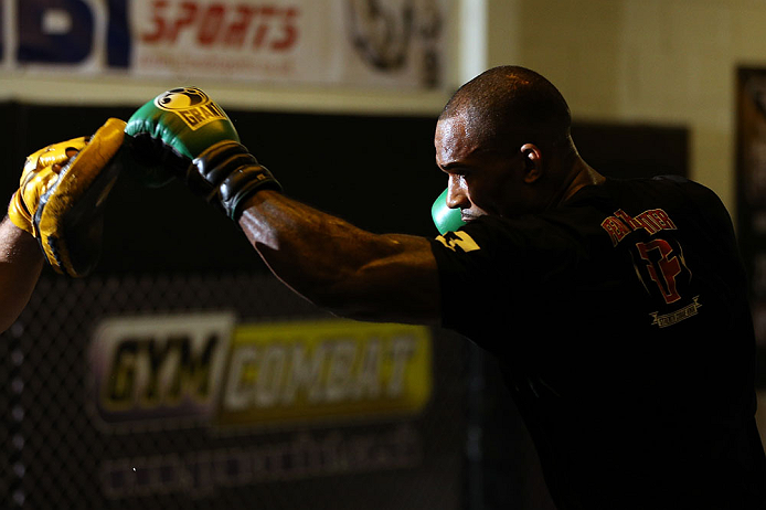 NOTTINGHAM, ENGLAND - SEPTEMBER 26: Jimi Manuwa works out for the media during an open workout session at Gym Combat on September 26, 2012 in Nottingham, England. (Photo by Josh Hedges/Zuffa LLC/Zuffa LLC via Getty Images)