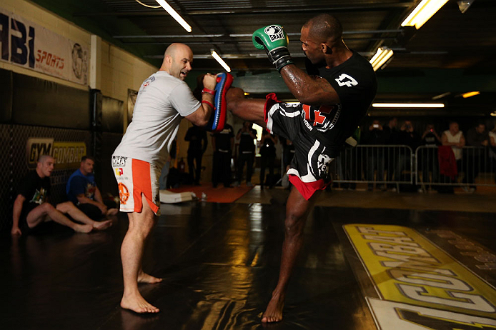 NOTTINGHAM, ENGLAND - SEPTEMBER 26: Jimi Manuwa works out for the media during an open workout session at Gym Combat on September 26, 2012 in Nottingham, England. (Photo by Josh Hedges/Zuffa LLC/Zuffa LLC via Getty Images)