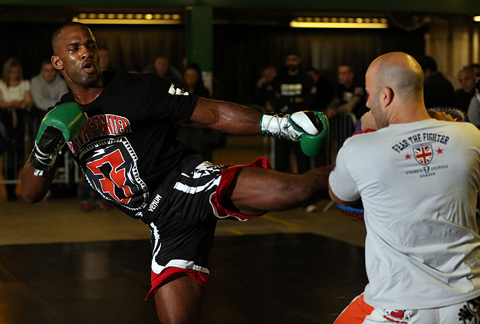 NOTTINGHAM, ENGLAND - SEPTEMBER 26: Jimi Manuwa works out for the media during an open workout session at Gym Combat on September 26, 2012 in Nottingham, England. (Photo by Josh Hedges/Zuffa LLC/Zuffa LLC via Getty Images)