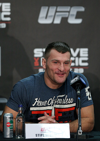 NOTTINGHAM, ENGLAND - SEPTEMBER 27:  Stipe Miocic interacts with media during a UFC press conference at the Hilton Hotel on September 27, 2012 in Nottingham, England.  (Photo by Josh Hedges/Zuffa LLC/Zuffa LLC via Getty Images)