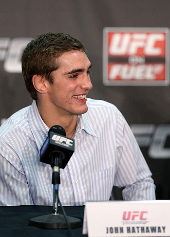 NOTTINGHAM, ENGLAND - SEPTEMBER 27:  John Hathaway interacts with media during a UFC press conference at the Hilton Hotel on September 27, 2012 in Nottingham, England.  (Photo by Josh Hedges/Zuffa LLC/Zuffa LLC via Getty Images)
