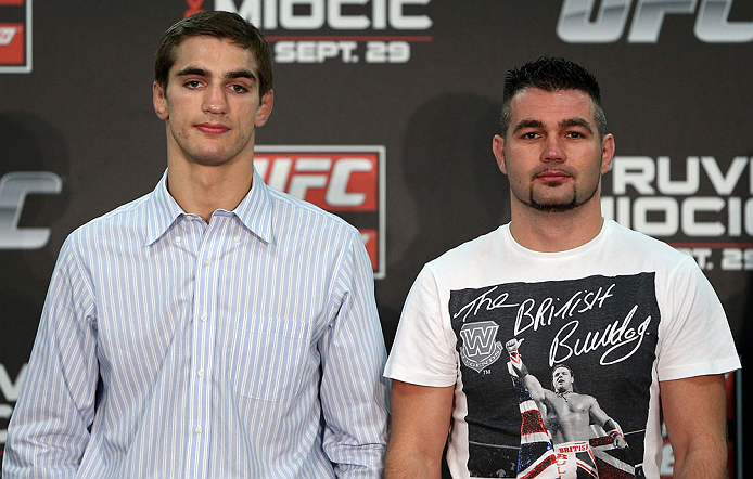 NOTTINGHAM, ENGLAND - SEPTEMBER 27:  (L-R) Opponents John Hathaway and John Maguire pose for photos during a UFC press conference at the Hilton Hotel on September 27, 2012 in Nottingham, England.  (Photo by Josh Hedges/Zuffa LLC/Zuffa LLC via Getty Images)