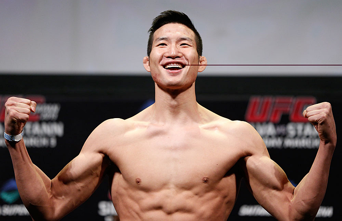 SAITAMA, JAPAN - MARCH 02: Hyun Gyu Lim weighs in during the UFC on FUEL TV weigh-in at Saitama Super Arena on March 2, 2013 in Saitama, Japan. (Photo by Josh Hedges/Zuffa LLC/Zuffa LLC via Getty Images)