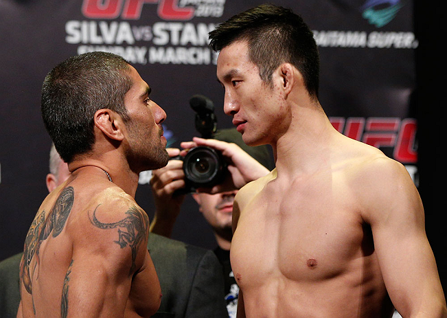 SAITAMA, JAPAN - MARCH 02: (L-R) Opponents Marcelo Guimaraes and Hyun Gyu Lim face off during the UFC on FUEL TV weigh-in at Saitama Super Arena on March 2, 2013 in Saitama, Japan. (Photo by Josh Hedges/Zuffa LLC/Zuffa LLC via Getty Images)