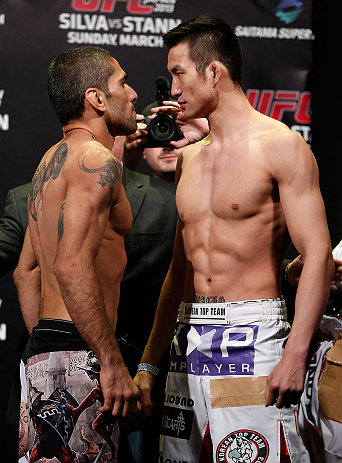SAITAMA, JAPAN - MARCH 02: (L-R) Opponents Marcelo Guimaraes and Hyun Gyu Lim face off during the UFC on FUEL TV weigh-in at Saitama Super Arena on March 2, 2013 in Saitama, Japan. (Photo by Josh Hedges/Zuffa LLC/Zuffa LLC via Getty Images)