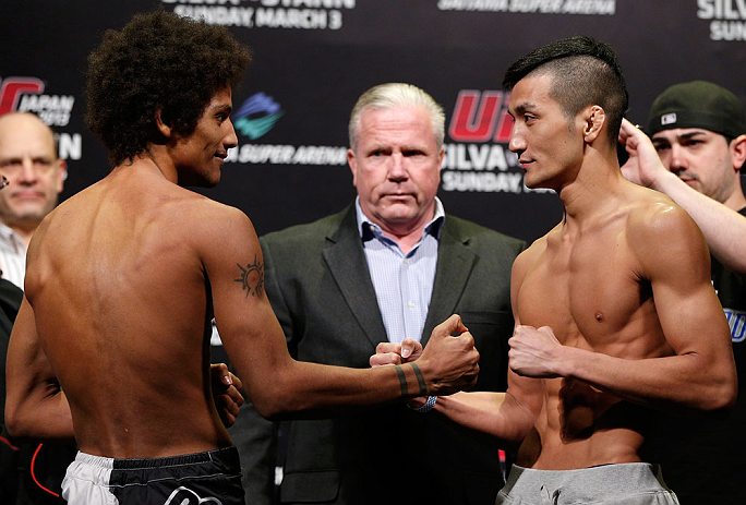 SAITAMA, JAPAN - MARCH 02: (L-R) Opponents Alex Caceres and Kyung Ho Kang face off during the UFC on FUEL TV weigh-in at Saitama Super Arena on March 2, 2013 in Saitama, Japan. (Photo by Josh Hedges/Zuffa LLC/Zuffa LLC via Getty Images)
