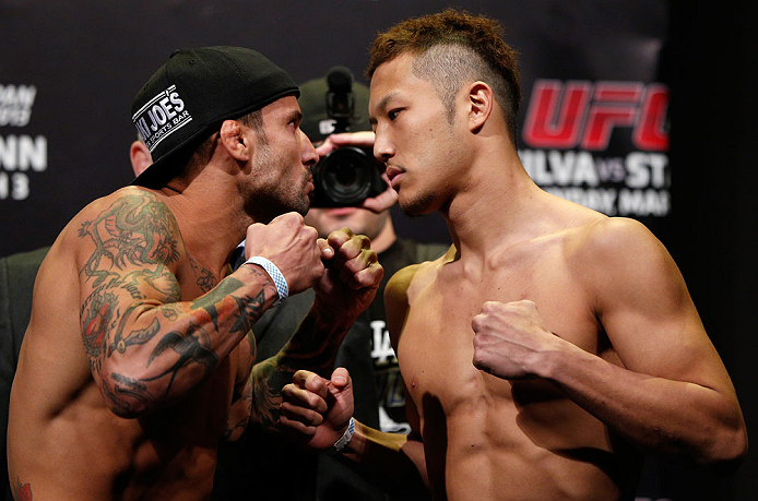 SAITAMA, JAPAN - MARCH 02: (L-R) Opponents Cristiano Marcello and Kazuki Tokudome face off during the UFC on FUEL TV weigh-in at Saitama Super Arena on March 2, 2013 in Saitama, Japan. (Photo by Josh Hedges/Zuffa LLC/Zuffa LLC via Getty Images)