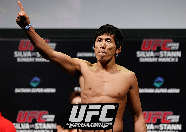 SAITAMA, JAPAN - MARCH 02: Takeya Mizugaki weighs in during the UFC on FUEL TV weigh-in at Saitama Super Arena on March 2, 2013 in Saitama, Japan. (Photo by Josh Hedges/Zuffa LLC/Zuffa LLC via Getty Images)