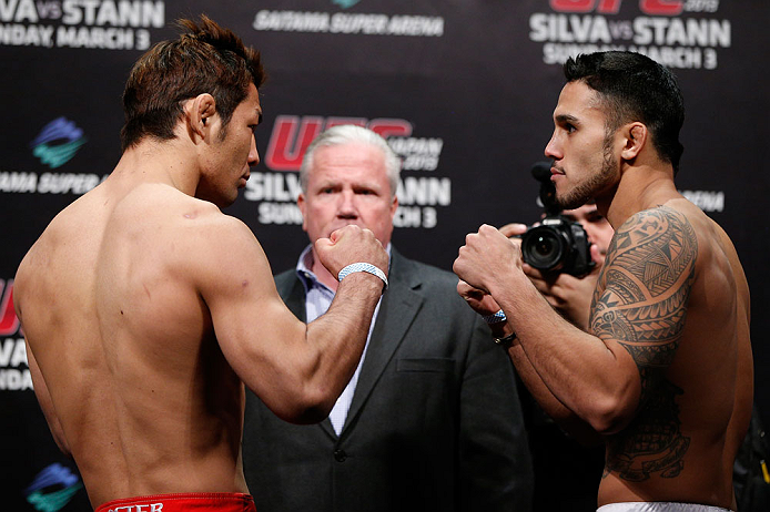 SAITAMA, JAPAN - MARCH 02: (L-R) Opponents Riki Fukuda and Brad Tavares face off during the UFC on FUEL TV weigh-in at Saitama Super Arena on March 2, 2013 in Saitama, Japan. (Photo by Josh Hedges/Zuffa LLC/Zuffa LLC via Getty Images)