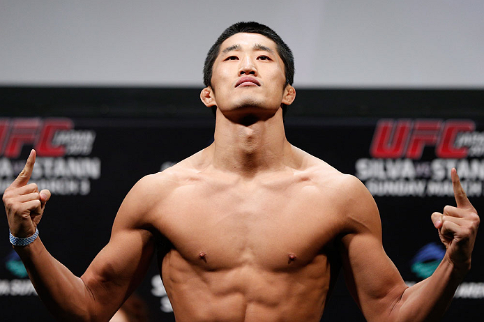 SAITAMA, JAPAN - MARCH 02: Dong Hyun Kim weighs in during the UFC on FUEL TV weigh-in at Saitama Super Arena on March 2, 2013 in Saitama, Japan. (Photo by Josh Hedges/Zuffa LLC/Zuffa LLC via Getty Images)