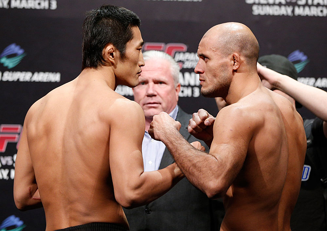 SAITAMA, JAPAN - MARCH 02: (L-R) Opponents Dong Hyun Kim and Siyar Bahadurzada face off during the UFC on FUEL TV weigh-in at Saitama Super Arena on March 2, 2013 in Saitama, Japan. (Photo by Josh Hedges/Zuffa LLC/Zuffa LLC via Getty Images)