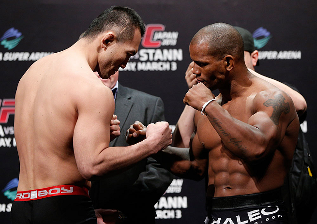 SAITAMA, JAPAN - MARCH 02: (L-R) Opponents Yushin Okami and Hector Lombard face off during the UFC on FUEL TV weigh-in at Saitama Super Arena on March 2, 2013 in Saitama, Japan. (Photo by Josh Hedges/Zuffa LLC/Zuffa LLC via Getty Images)