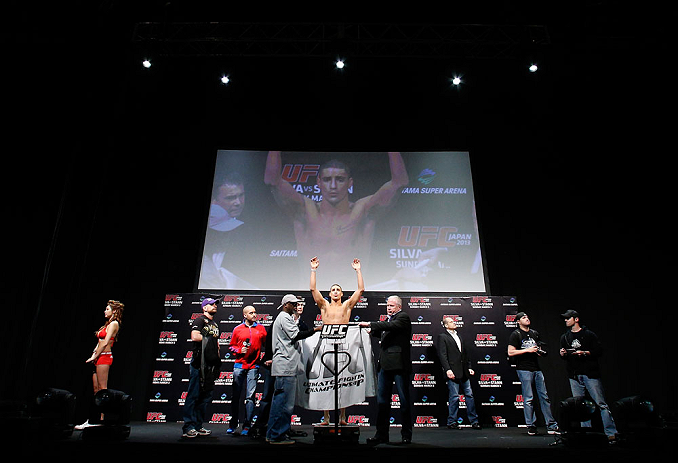 SAITAMA, JAPAN - MARCH 02: Diego Sanchez weighs in during the UFC on FUEL TV weigh-in at Saitama Super Arena on March 2, 2013 in Saitama, Japan. (Photo by Josh Hedges/Zuffa LLC/Zuffa LLC via Getty Images)