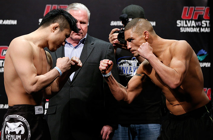 SAITAMA, JAPAN - MARCH 02:  (L-R) Opponents Takanori Gomi and Diego Sanchez face off during the UFC on FUEL TV weigh-in at Saitama Super Arena on March 2, 2013 in Saitama, Japan.  (Photo by Josh Hedges/Zuffa LLC/Zuffa LLC via Getty Images)