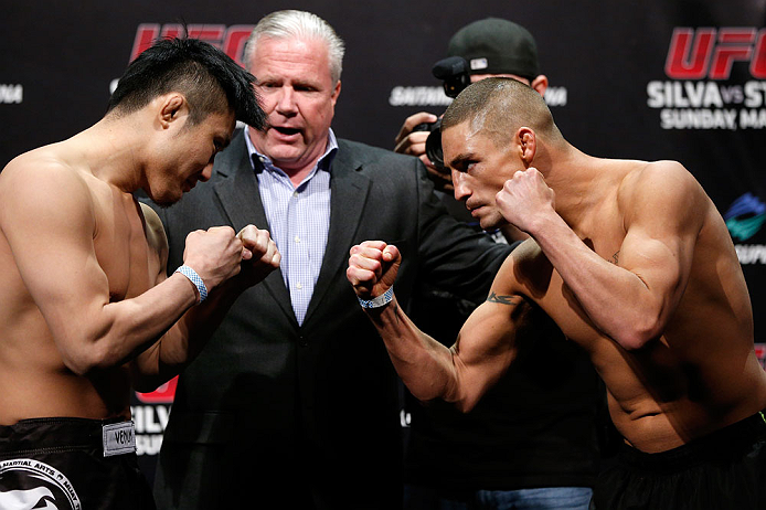 SAITAMA, JAPAN - MARCH 02: (L-R) Opponents Takanori Gomi and Diego Sanchez face off during the UFC on FUEL TV weigh-in at Saitama Super Arena on March 2, 2013 in Saitama, Japan. (Photo by Josh Hedges/Zuffa LLC/Zuffa LLC via Getty Images)