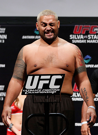 SAITAMA, JAPAN - MARCH 02: Mark Hunt weighs in during the UFC on FUEL TV weigh-in at Saitama Super Arena on March 2, 2013 in Saitama, Japan. (Photo by Josh Hedges/Zuffa LLC/Zuffa LLC via Getty Images)